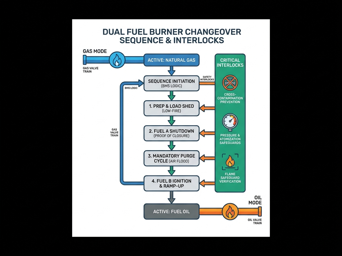 Dual fuel burner changeover sequence control panel and burner hardware