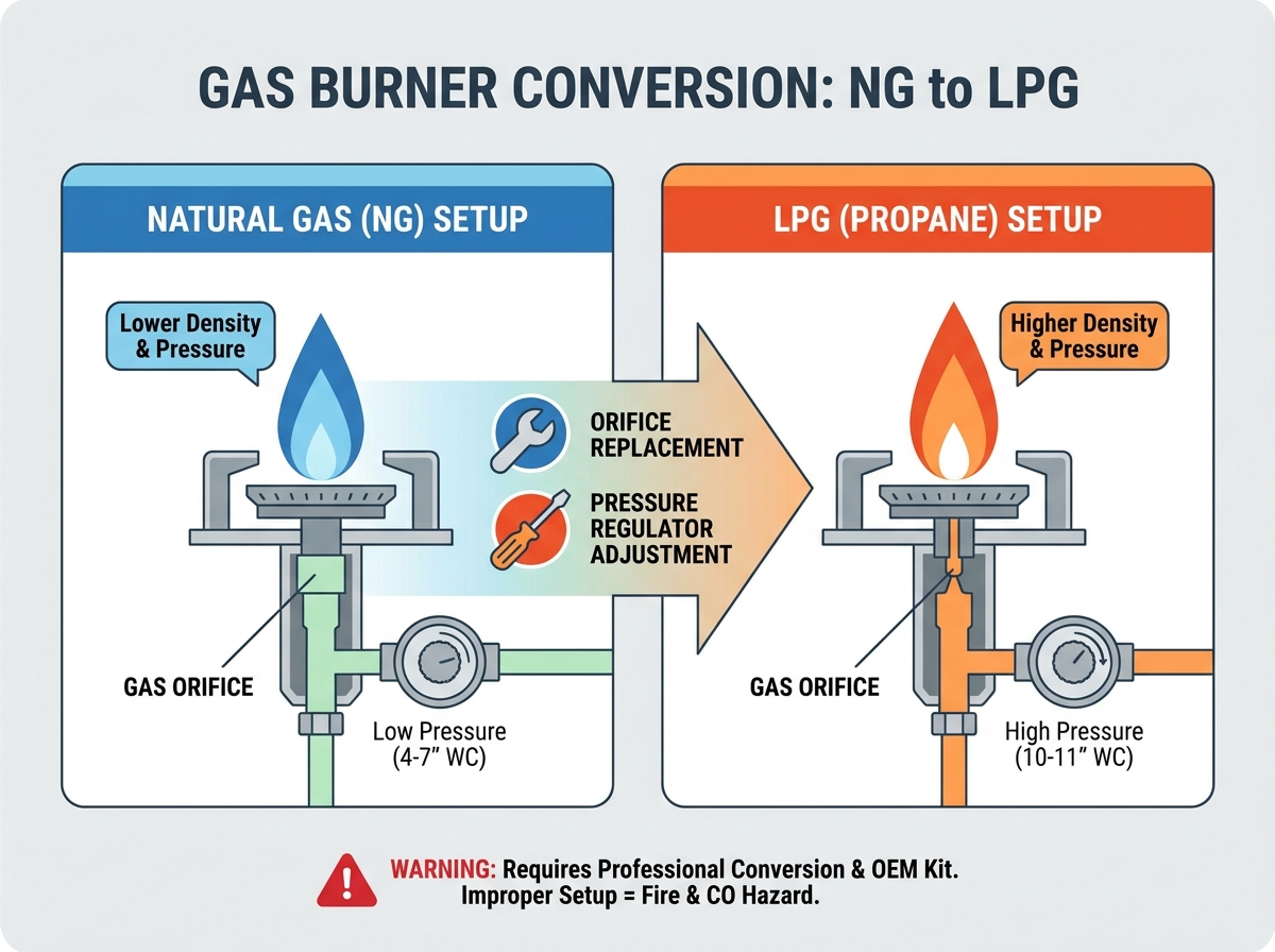 Natural gas burner to LPG conversion process and safety checks