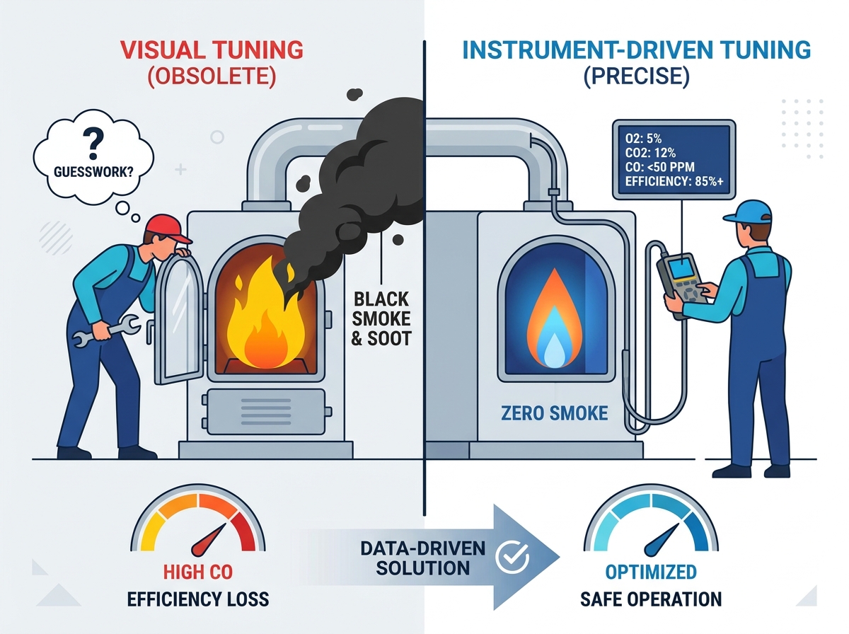 Technician performing instrument-driven combustion analysis on an oil boiler