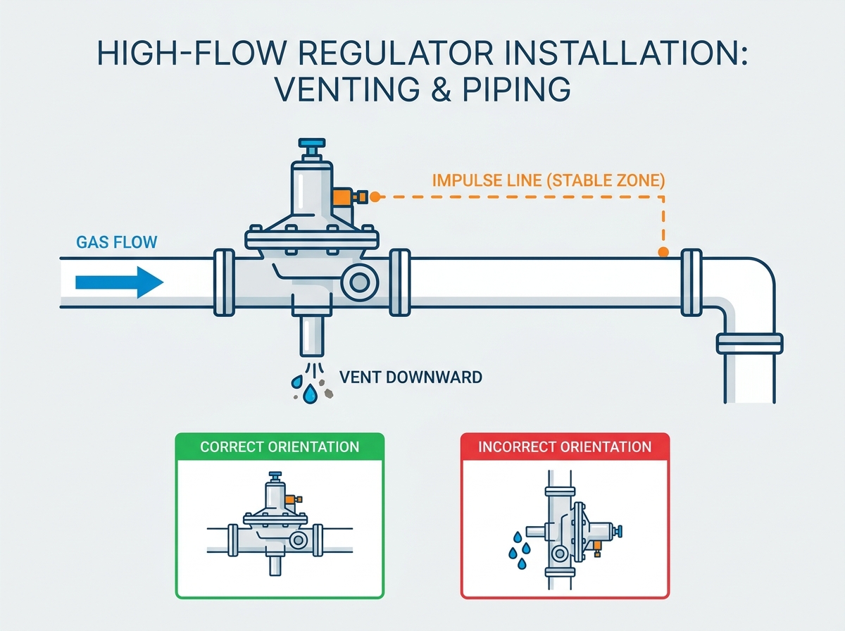 High flow gas pressure regulator installation piping setup