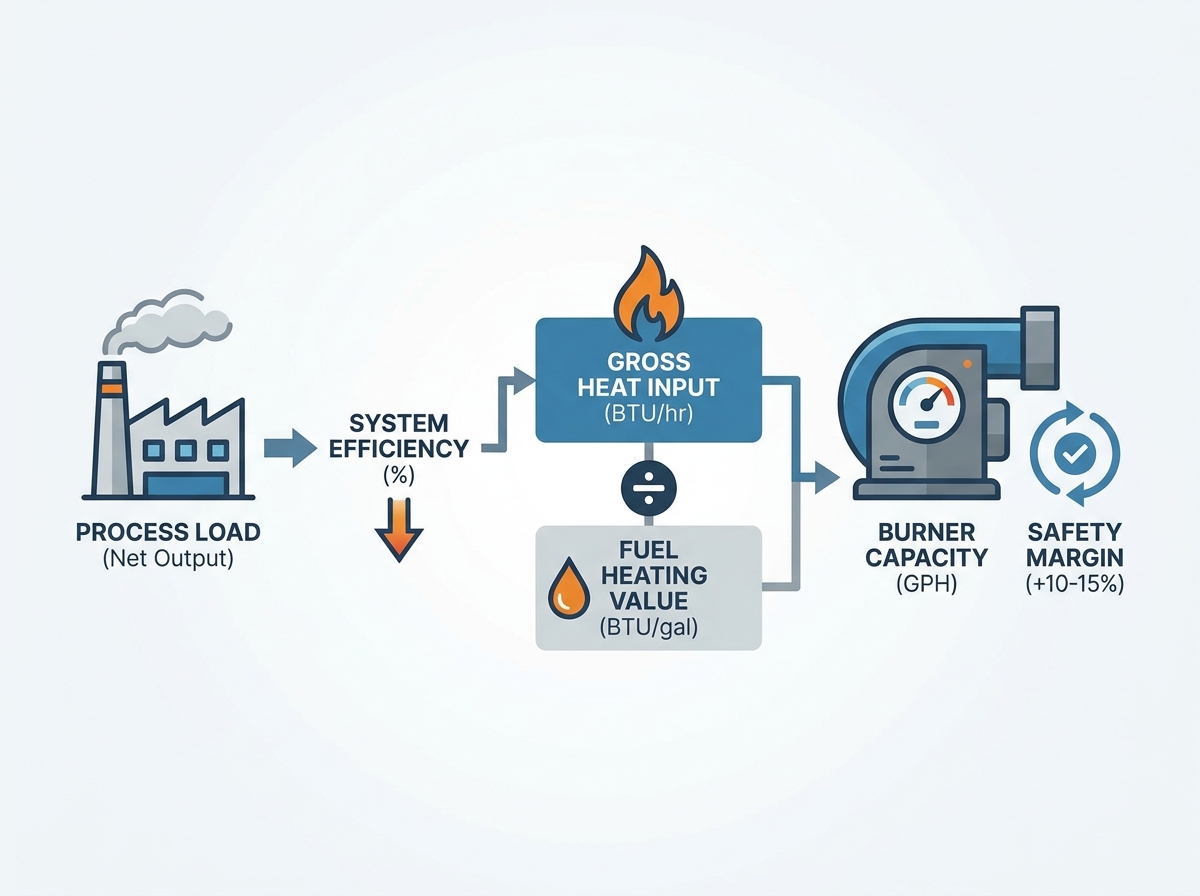 Industrial oil burner capacity and sizing evaluation